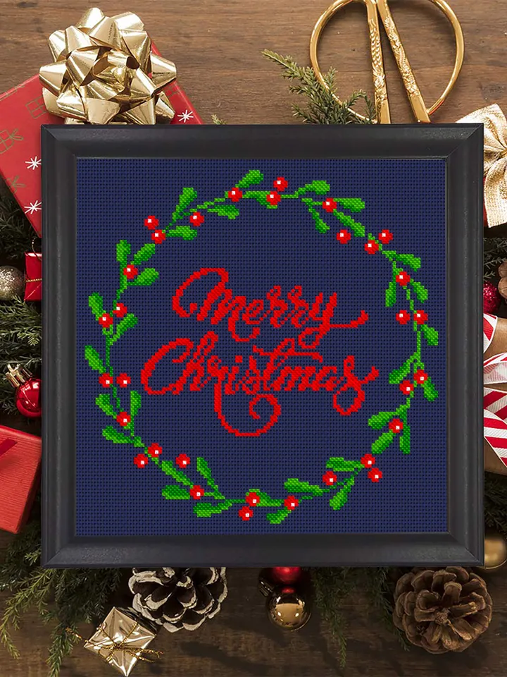 Red berry wreath cross stitch pattern PDF Merry Christmas cross stitch chart, Holiday small cross stitch, Instant download PDF #N35