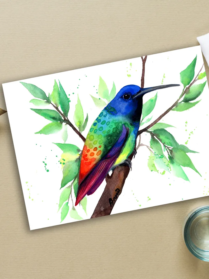 Colorful Hummingbird original watercolor, bird on the branch painting, colibri portrait room decor, 8x11 in wall art for bird lovers handmade by Anne Gorywine