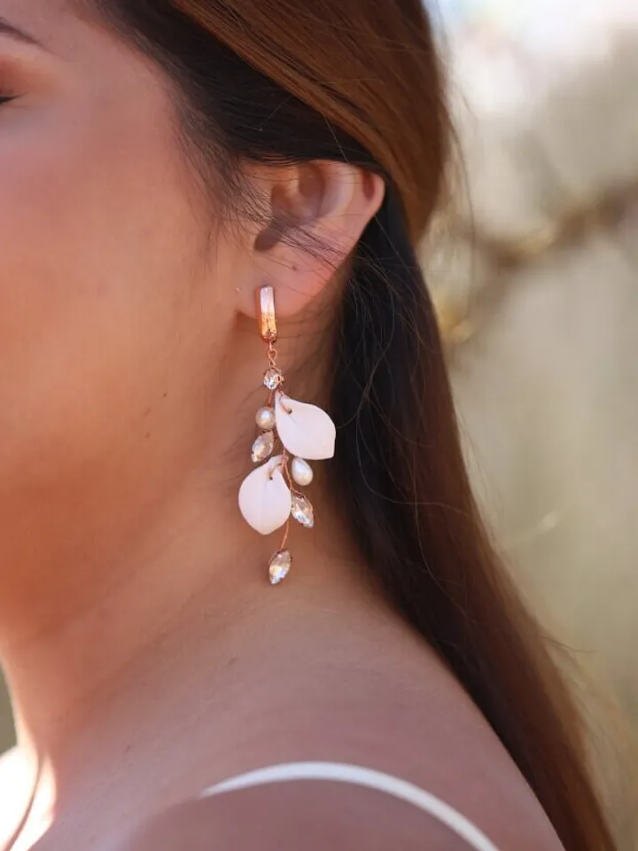 Boho Wedding Earrings, Delicate Porcelain Leaf Statement Wedding Earrings, Rose Gold Chandelier Bridal Earrings, Leaves Wedding Jewelry Set