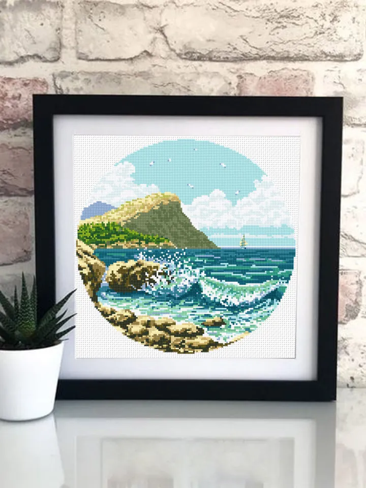 Sea landscape cross stitch pattern download PDF Ocean waves cross stitch chart Nature hand embroidery PDF Summer cross stitch sampler #L37