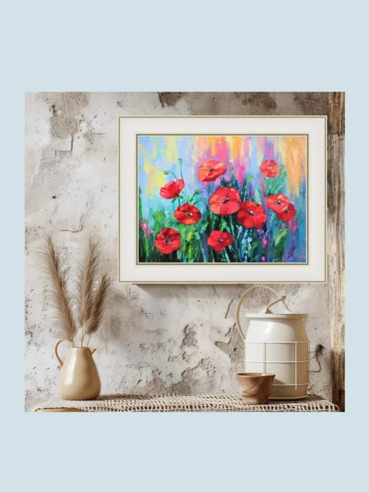 Original Oil Painting of Red Poppies Flowers on Canvas Modern Floral Art Decor