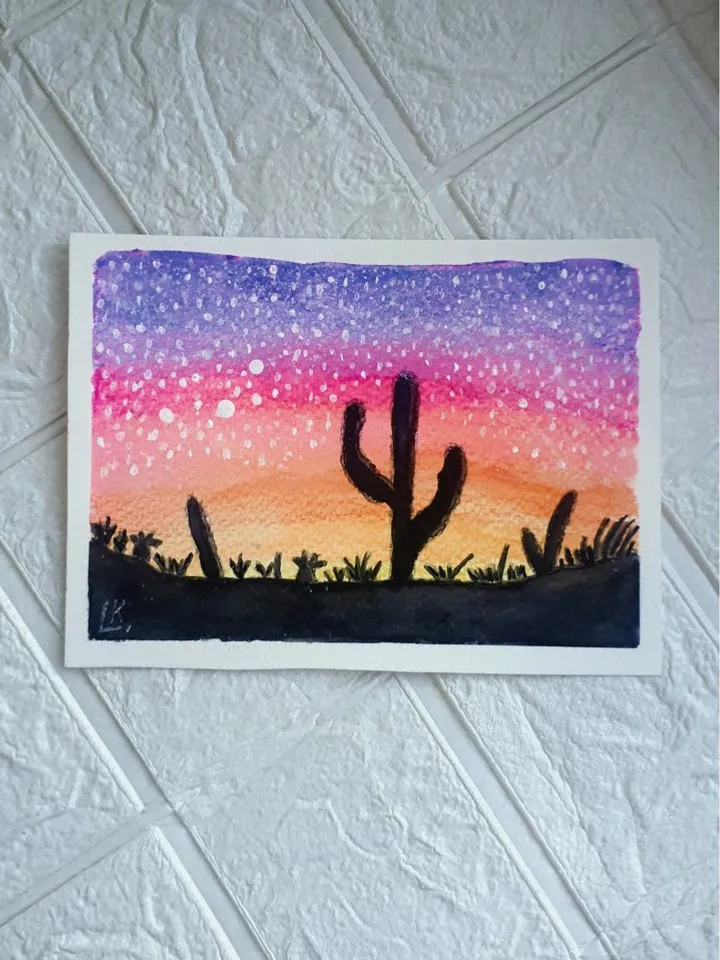 Cacti Night, Desert Scenery Watercolor Painting, Original Artwork on Watercolor Paper