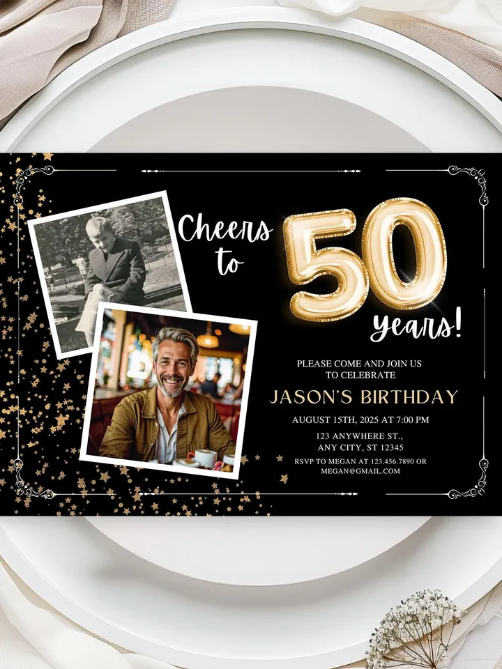 50th Birthday Invitation with Photo Adult Women Men Cheers to 50th Birthday Invite Black and Gold Party Card for Grandma Canva Template