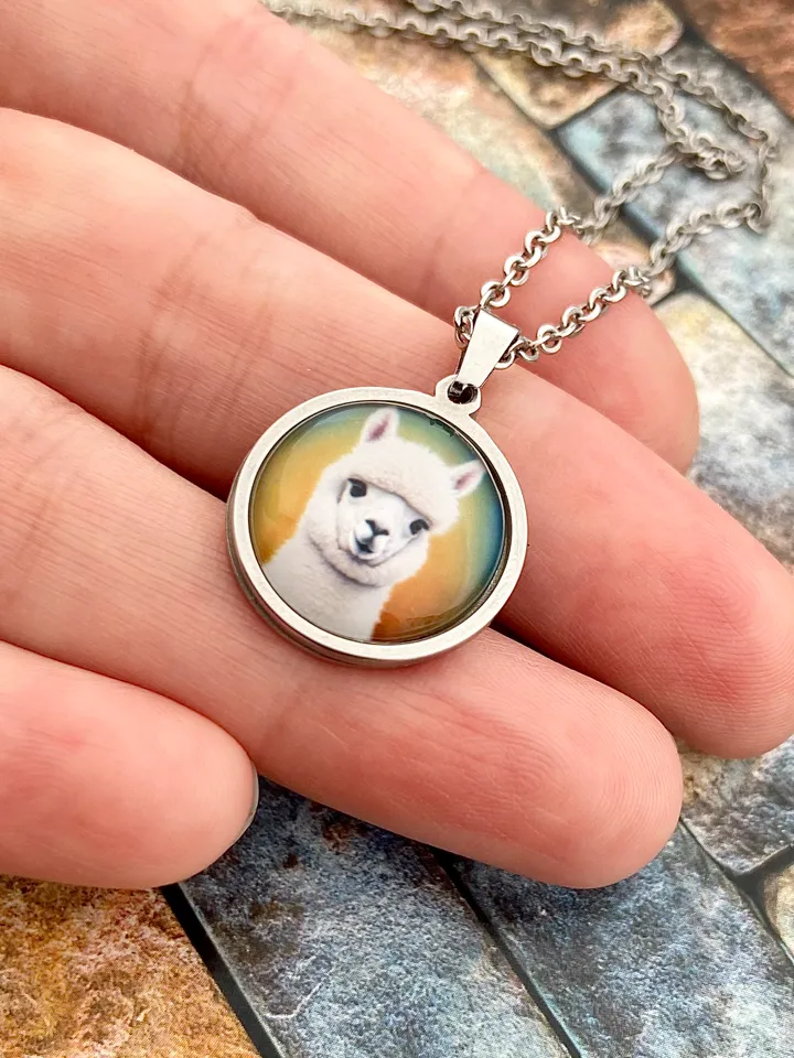 Alpaca necklace, steel pendant with glass, Lama lover gift
