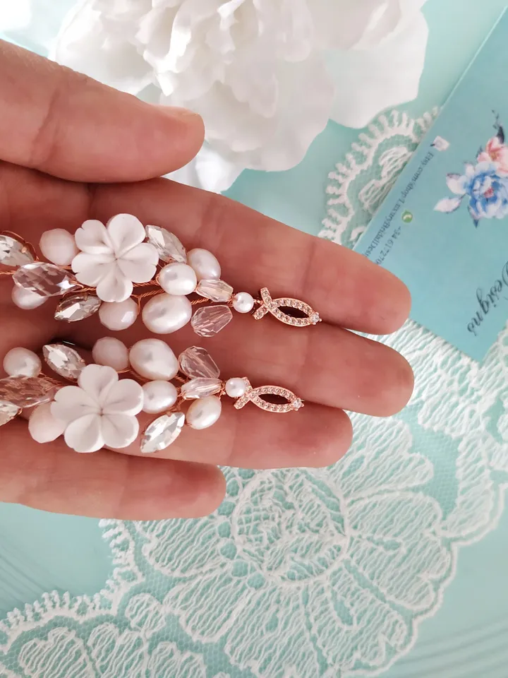Rose Gold Delicate Porcelain Flowers Boho Wedding Earrings, Freshwater Pearl Chandelier Bridal Earrings, Diamond Statement Wedding Jewelry