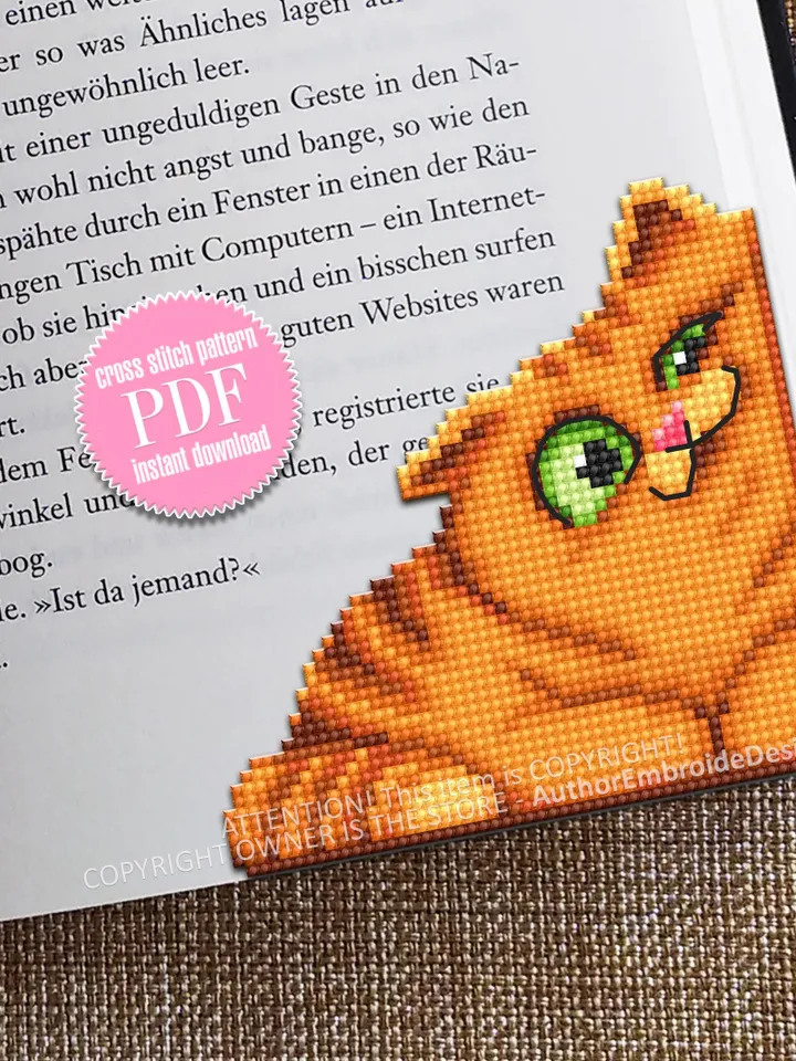 Orange cat Corner bookmark cross stitch pattern PDF download Cat cross stitch chart, Cat bookmark pattern digital PDF, Cat lover gift #B422