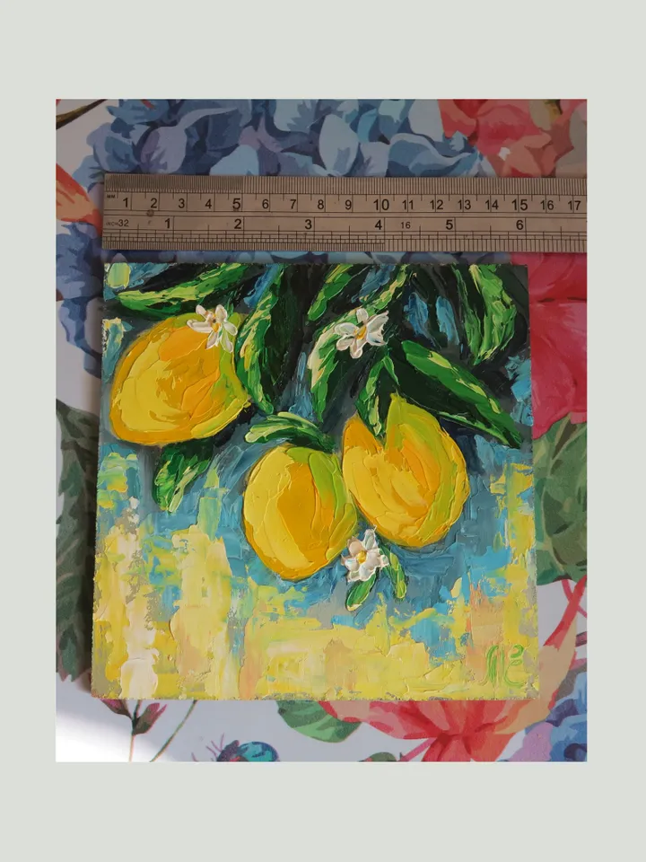 Original Oil Painting of Lemons on a Branch – Fresh Citrus Mini Art Bright Kitchen Wall Decor