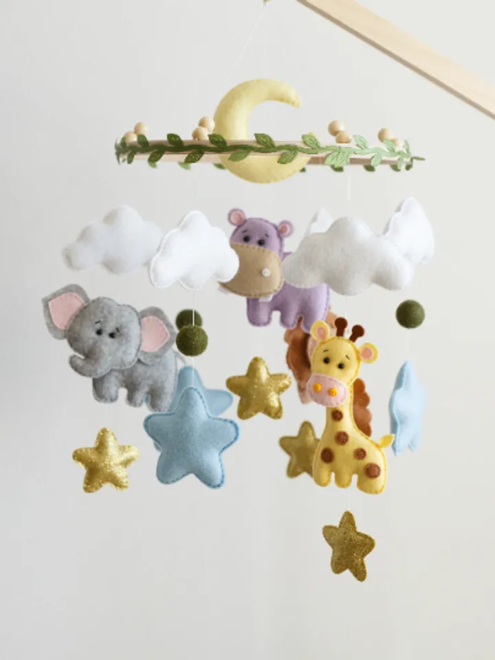 Handcrafted Giraffe, Elephant, Hippo, Lion and Safari Themed Felt Baby Mobile - Customizable Nursery Decor