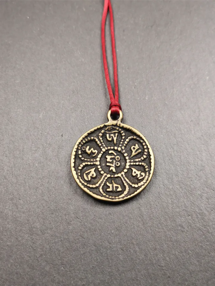 Gandhanra Handmade Tibetan Buddhist Amulet,Om Badge Pendant, Mantra of Om Mani Padme Hum, Made of Brass,1.26"