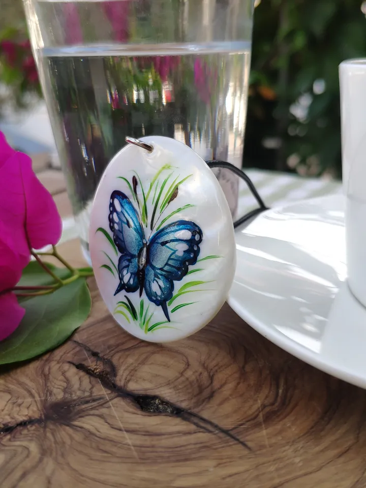 Pearl pendant necklace: Elegant Blue Butterfly hand painted on shell pendant • Unique dainty handcrafted jewellery • Stylish aesthetic gift