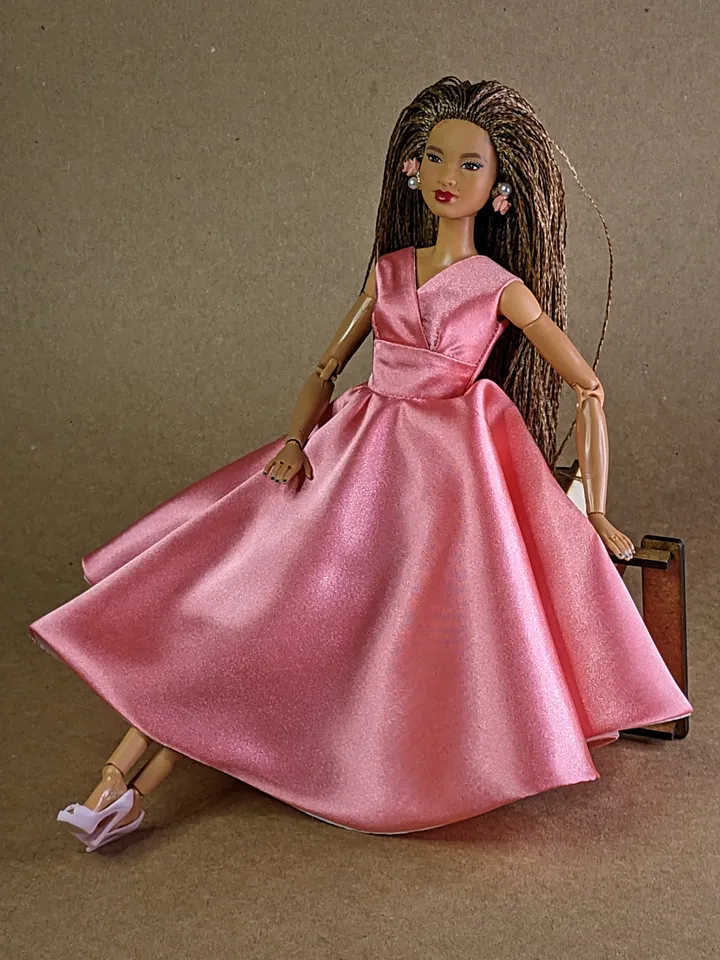 Handmade pink satin dress for 1/6 scale 11.5-inch fashion dolls | Formal Doll Gown