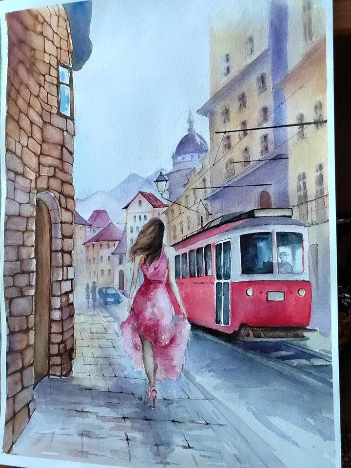 Red Tram Painting Original Watercolor Art Urban Landscape Arwork Old Street Picture Girl Dress 11.81x15.74 in by SoftWaves