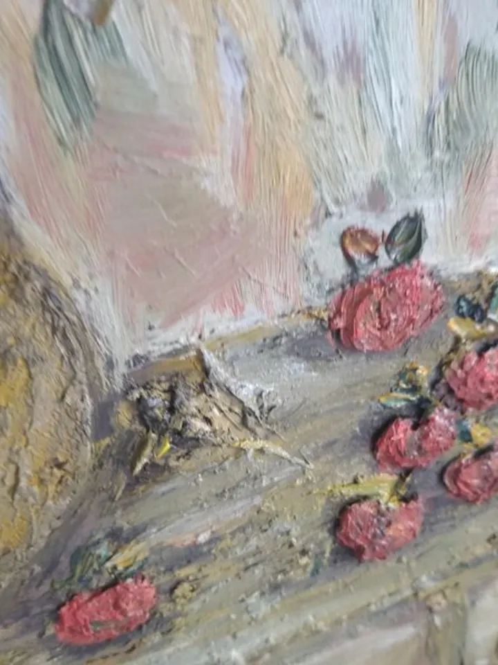 Oil painting with autumn apples and jug on table in garden, original painting on cardboard 10x7 inches