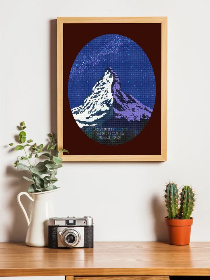 Modern cross stitch pattern download PDF Mountain landscape cross stitch Mount Everest beginner stitch Starry night sky Nature xstitch #L31