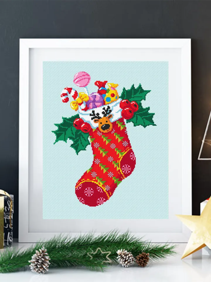 Christmas sock cross stitch pattern PDF download Merry Christmas cross stitch chart, Christmas pattern digital PDF, Stocking with gifts #N30