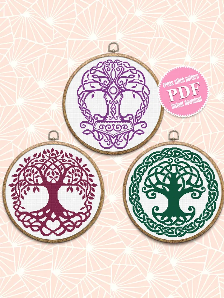 Mandala set cross stitch pattern download PDF Celtic Tree of life cross stitch chart, Monochrome tree cross stitch Celtic knot ornament #S39