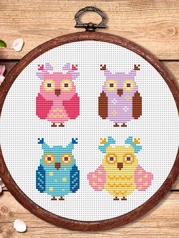 Set of 4 Owls Cross Stitch Pattern, Animal Cross Stitch, Embroidery Owls, Owl Cross Stitch, Modern Cross Stitch #anm037