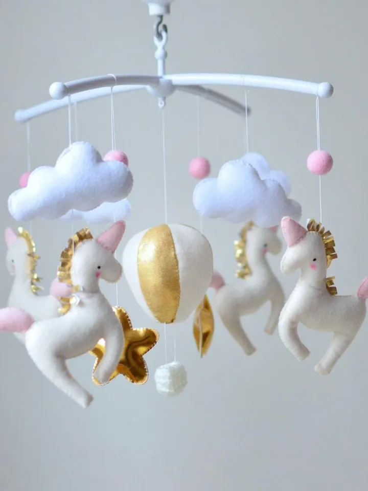 Baby mobile girl with magic Unicorns,Gold hot air balloon ,clouds and stars Nursery decor and Best baby shower gift