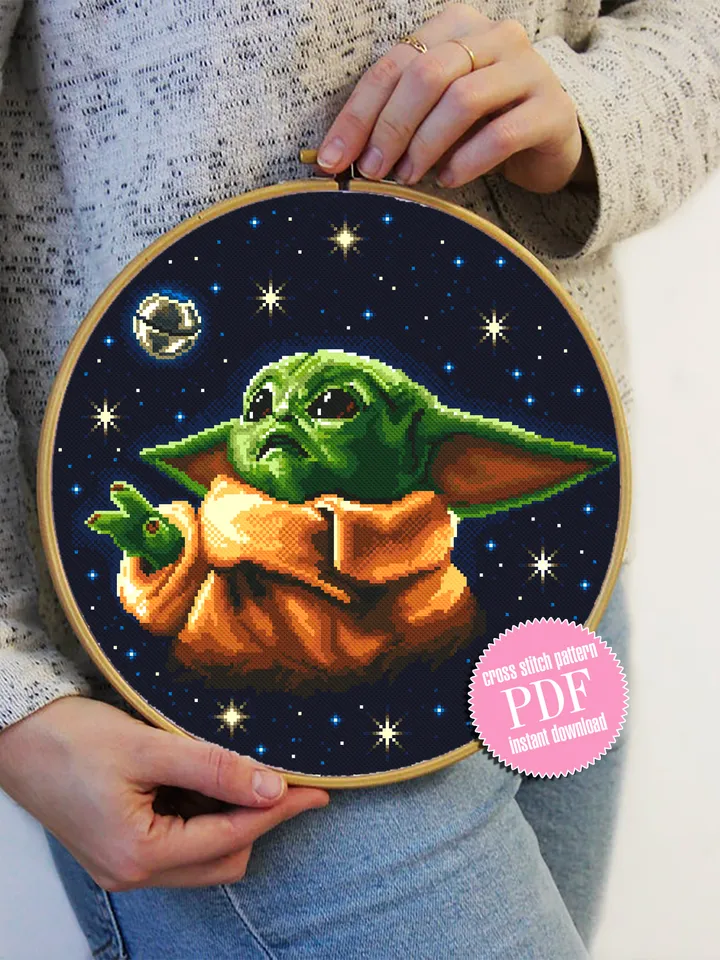 Green baby Yoda Grogu  cross stitch pattern instant download PDF, Fantasy movie Mandalorian heroes cross stitch chart, Fun art,  Star Wars Characters, Starry night sky #SW1