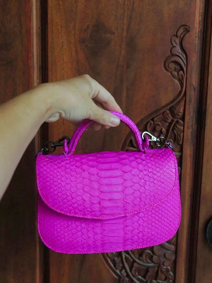 Genuine Python Skin Top Handle hot pink Crossbody Bag | Exotic Leather Bags | Snakeprint Bag | Handmade Designer Bag | Gift For Her