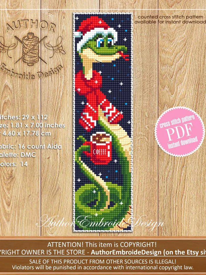 Christmas bookmark cross stitch pattern PDF download Cute snake cross stitch chart, Coffee bookmark pattern digital PDF Happy new year #B362
