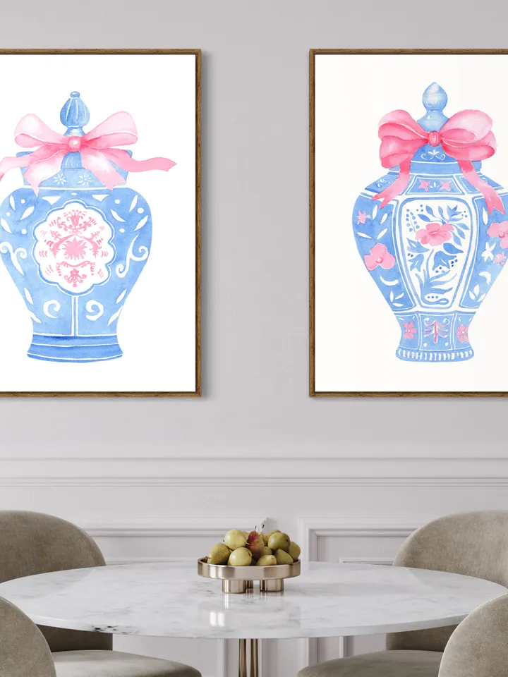 Blue Chinoiserie Vase,Digital Download, Set Of 2, Watercolor Painting With Pink Bow, Pink Ginger Jar, Blue And White Vase