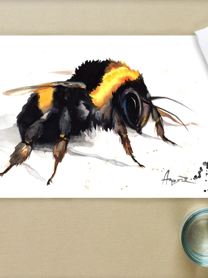 Bumblebee original watercolor illustration, bee painting, wall decor, 8x11 in art for natura lovers by Anne Gorywine