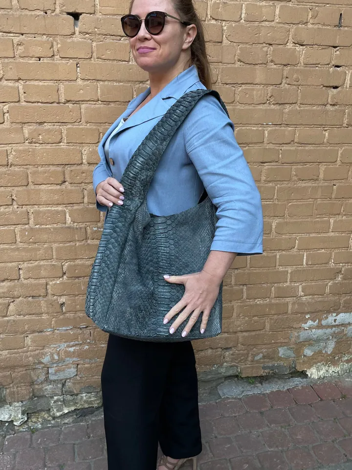 Big Soft Hobo Classy Sport Woman Bag | Purse Genuine Python Skin | Grey Riva Elegant Leather Designer Soft Bag Snake | exotic leather purse