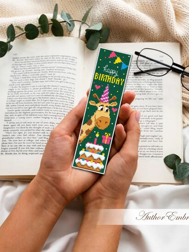 Birthday bookmark cross stitch pattern PDF download Giraffe cross stitch chart, Bookmark pattern digital, Birthday cake cross stitch #B460