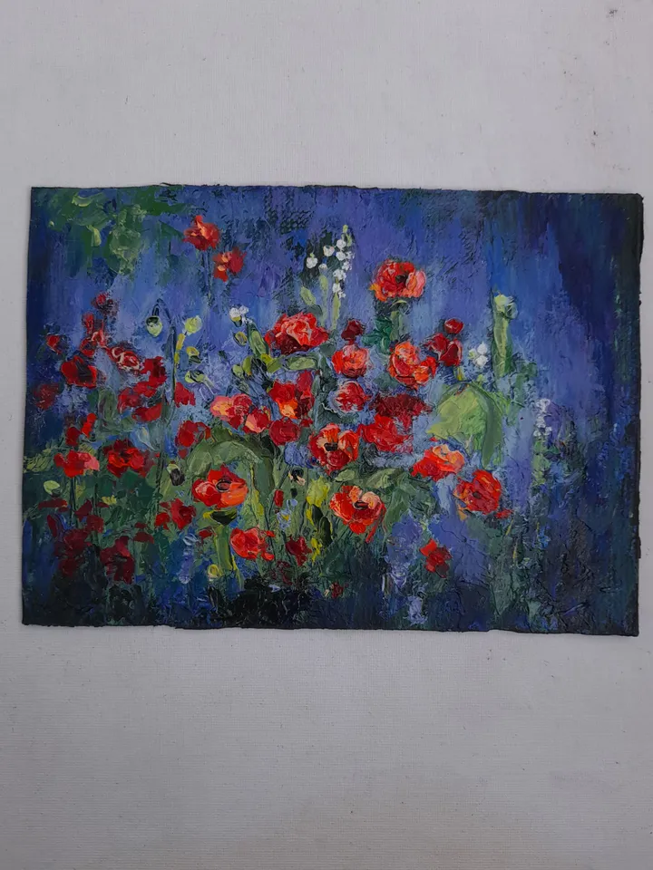 Miniature oil painting Red on purple 21x15 cm (8.28 х 6 inches)