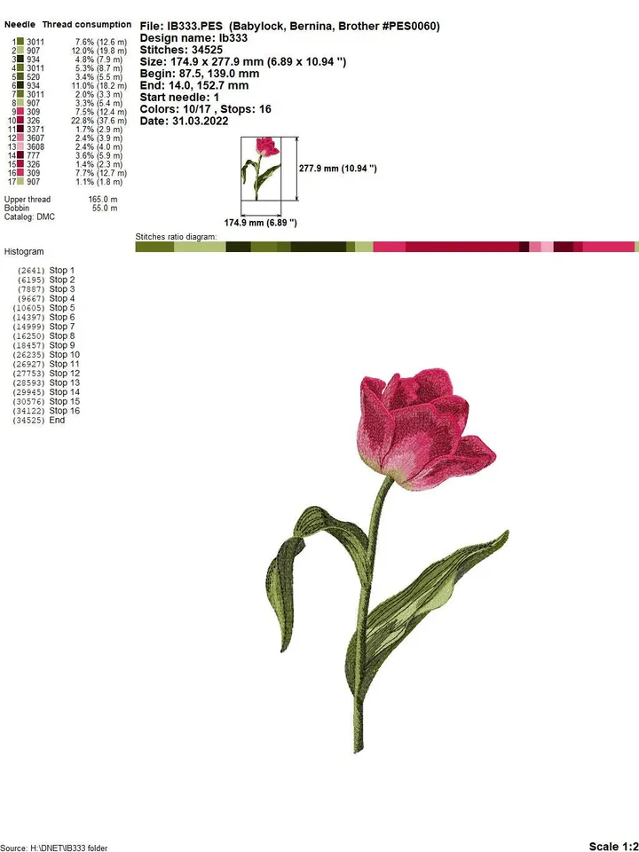 Tulip artistic machine embroidery design digital embroidery pattern home and clothing décor embroidery motif floral design flower embroidery
