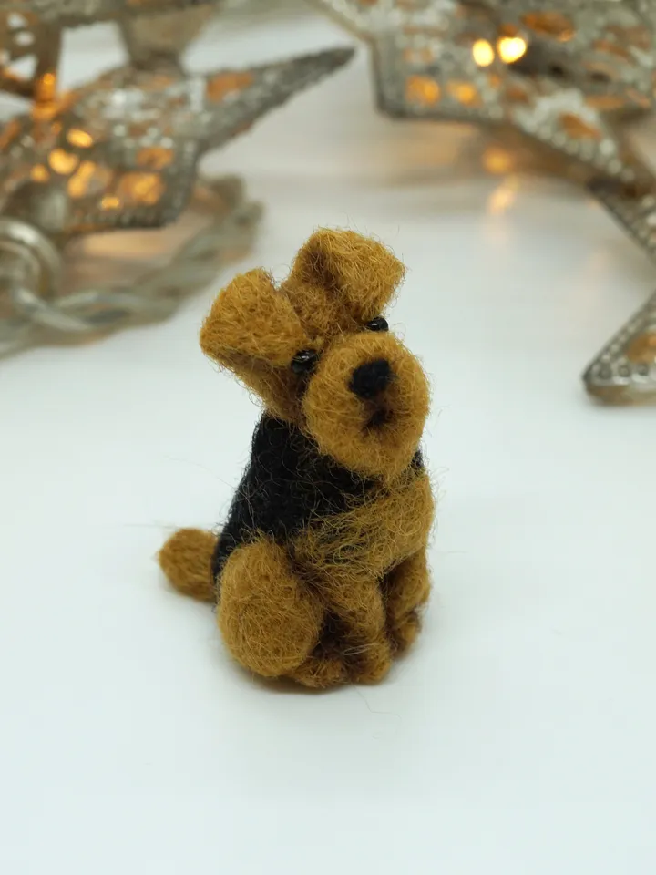 Tiny needle felted airedale terrier, miniature felted pet, dog portrait, Bingley waterside terrier, made to order