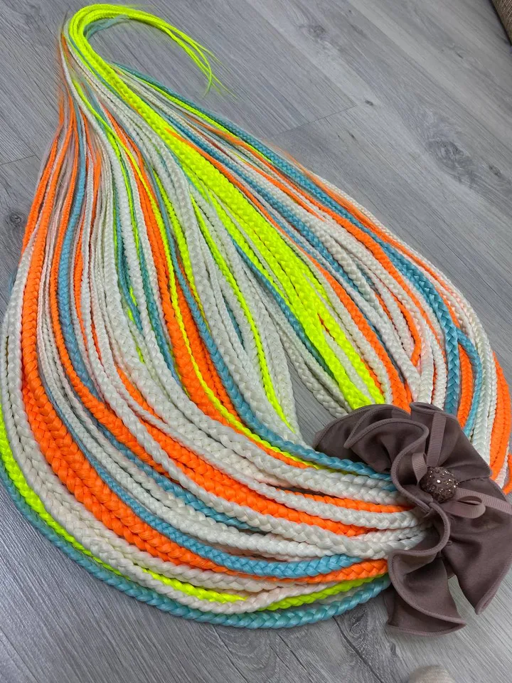 Neon Synthetic braids yellow orange unicorn dreads DE. Synthetic dreadlock extensions. Rainbow braids full set.