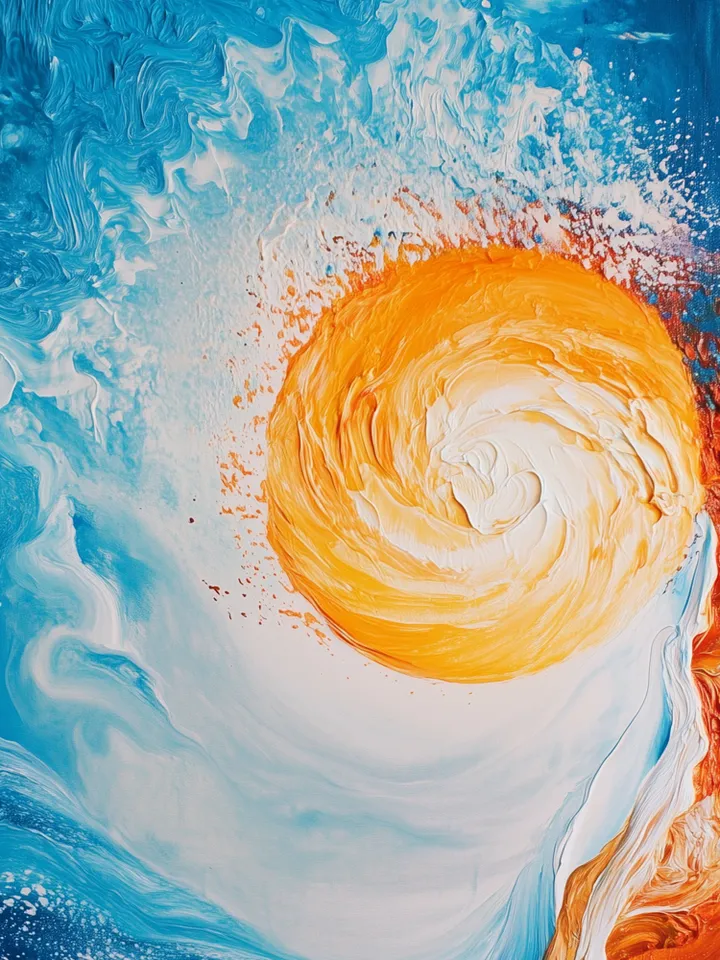 Hand-Painted Abstract Oil Painting | Vibrant Sun and Ocean Art | Stunning Blue and Orange Wall Decor for Modern Living Room