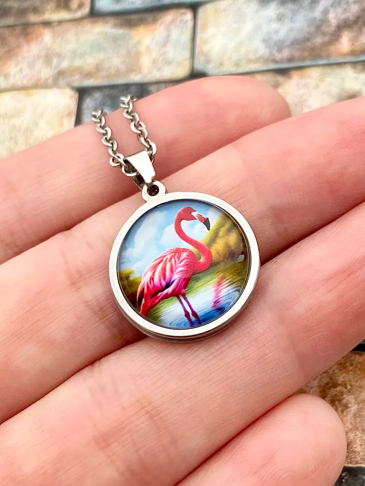 Flamingo necklace, steel pendant with glass, Bird lover gift