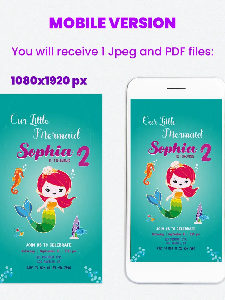 Personalized Digital Birthday Invitation, Mermaid Party Bundle, Kids Birthday Invitation Bundle, Birthday Invite Set, Mermaid Party Set