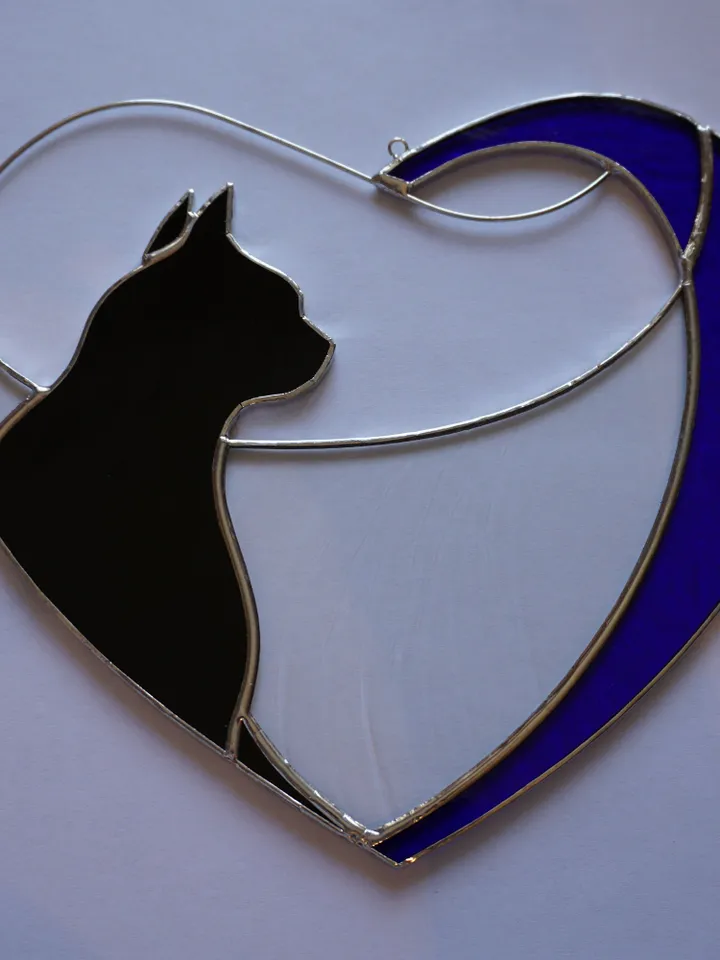 Black Cat in Blue Heart . Art stained glass window hanging Suncatcher . Gift for animal lover , pet loss memorial