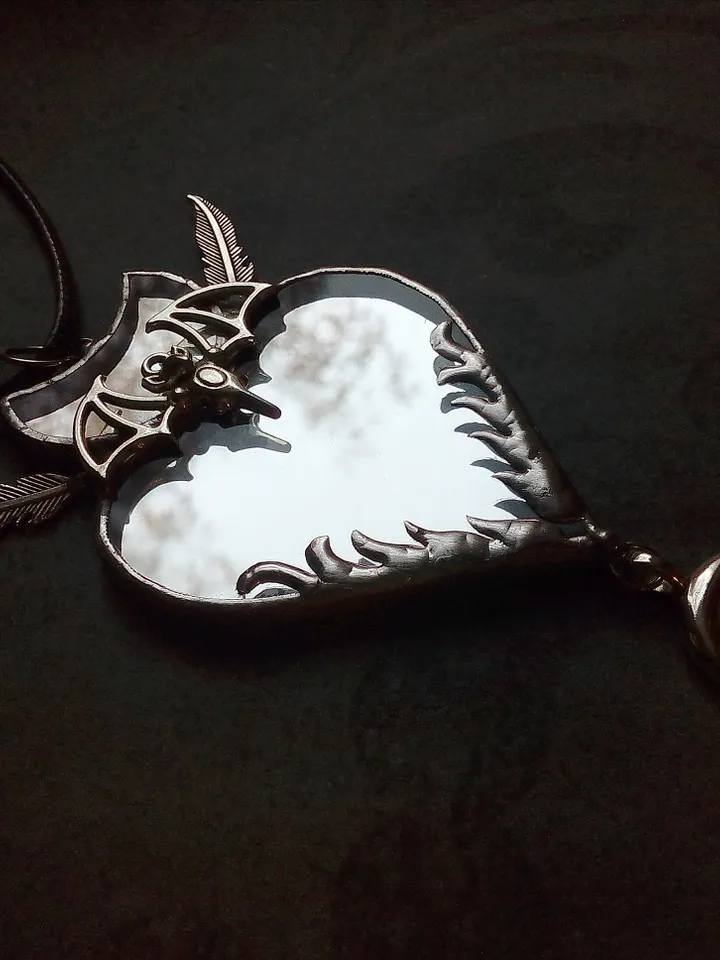 Stained glass scrying mirror, Black goth ornate mirror, Bat mirror, Car hanger, Witch mirror, Heart mirror