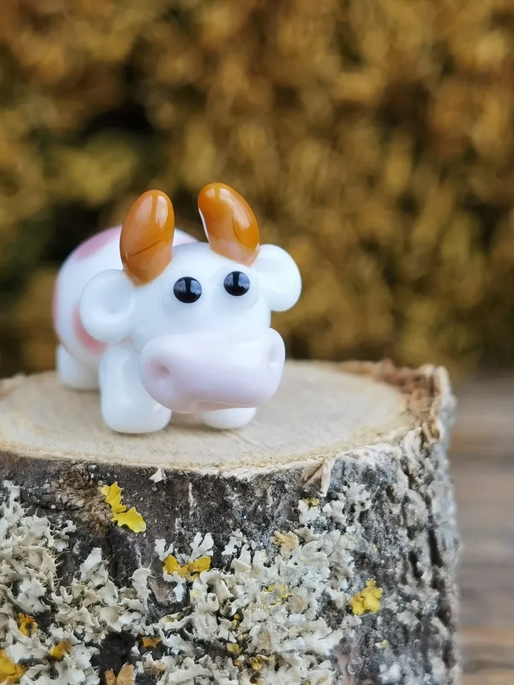 GLASS FIGURINES Cow figurine Glass cow Miniature cow tiny cow Tiny glass animals Farm animals Strawberry Dollhouse miniature Blown