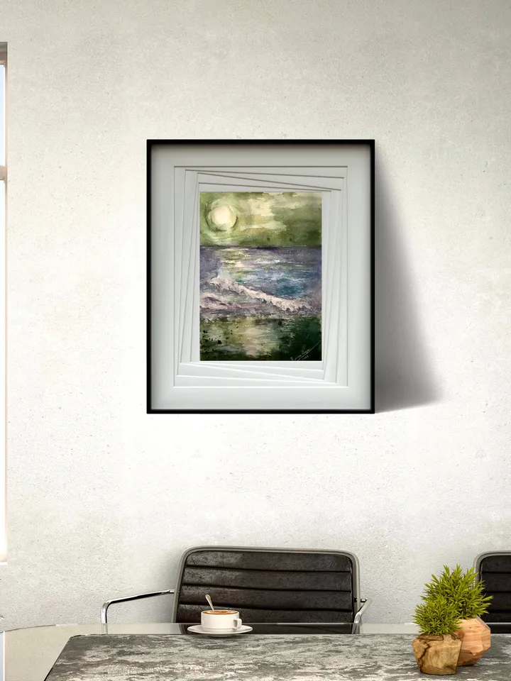 Green and pink sunset original watercolor painting,set of two fantasy wall decoration,landscapes,seascapes painting.