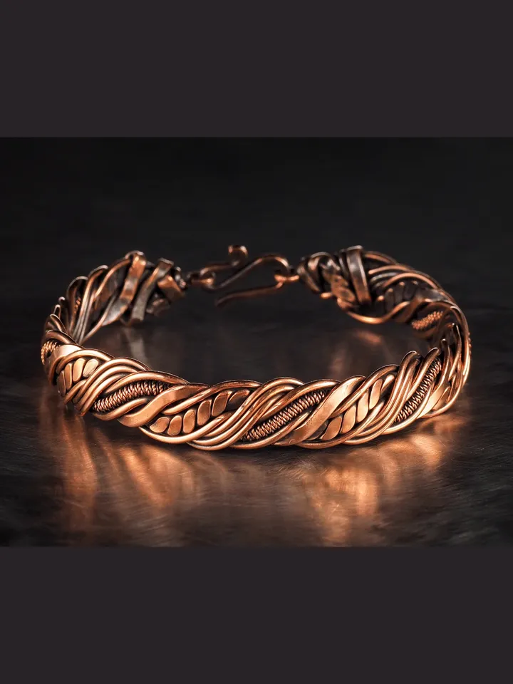 Wire wrapped bracelet, Unique 7th 22nd Anniversary gift idea, Art Nouveau antique style, One of kind braided statement bangle, Handmade oxidized pure copper jewelry, Pain relief, EMF protection