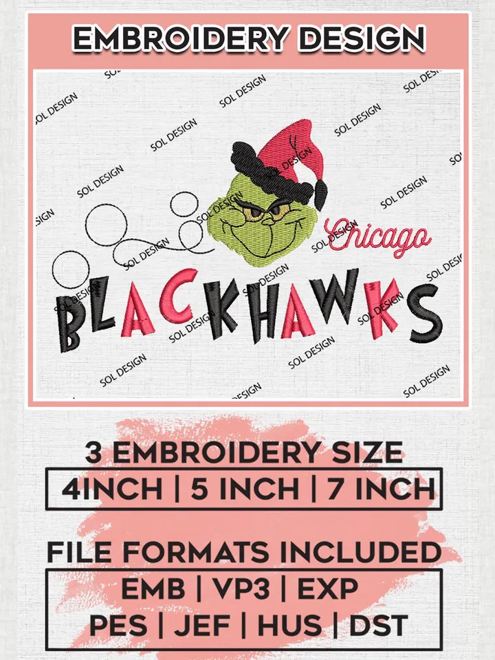Grinch Chicago Blackhawks Embroidery Designs, Grinch Christmas Embroidery Files, NHL Blackhawks Machine Embroidery Designs, NHL Chicago Blackhawks Logo, NHL Christmas Machine Embroidery Design, Digital Download