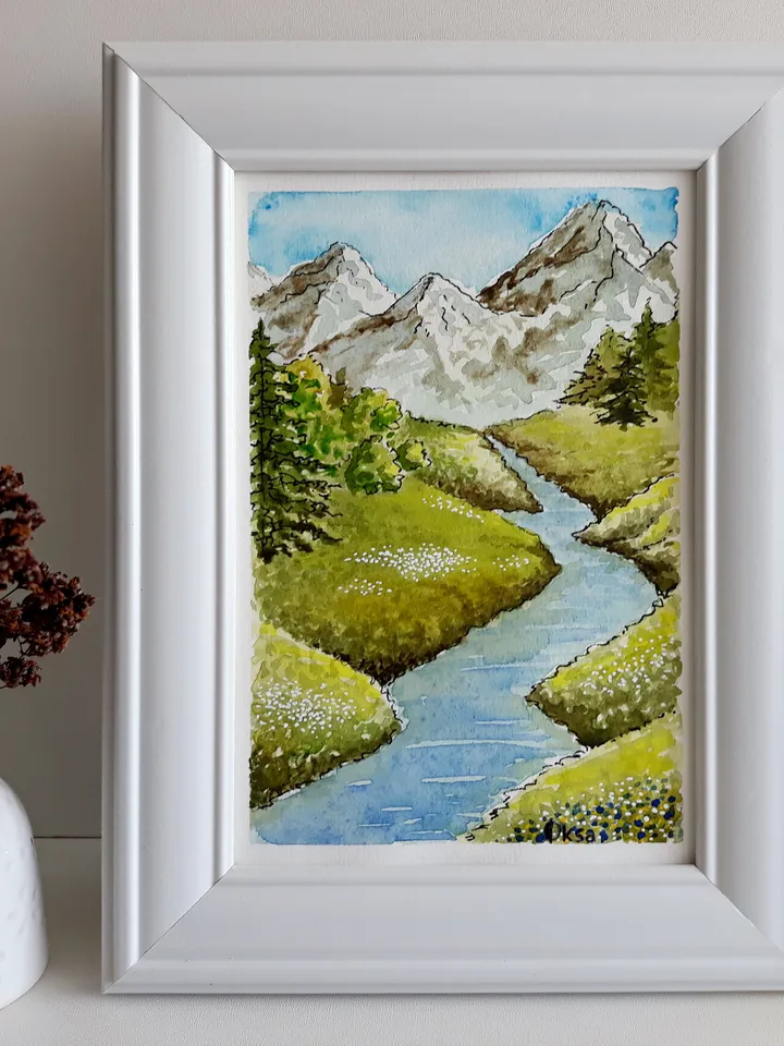 Mountain River Watercolor Art Painting/Mountain Original Painting/Art atmosphere/Europe mountain river landscape/White framed small painting