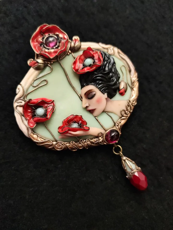 Brooch Virgo with poppies, poppies pendant, Brooch with poppies,Red poppies