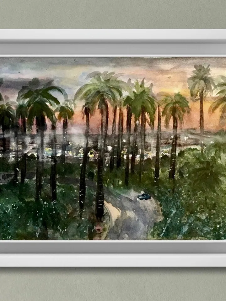 Los Angeles original watercolour painting,sunset palm trees painting,wall art,city painting,USA painting,unique handmade watercolor art.