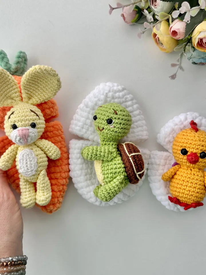 Crochet Pattern: Easter Bunny in Carrot, Turtle in Egg, and Chick in Egg - Amigurumi Plushie Crochet Patterns - PDF in English
