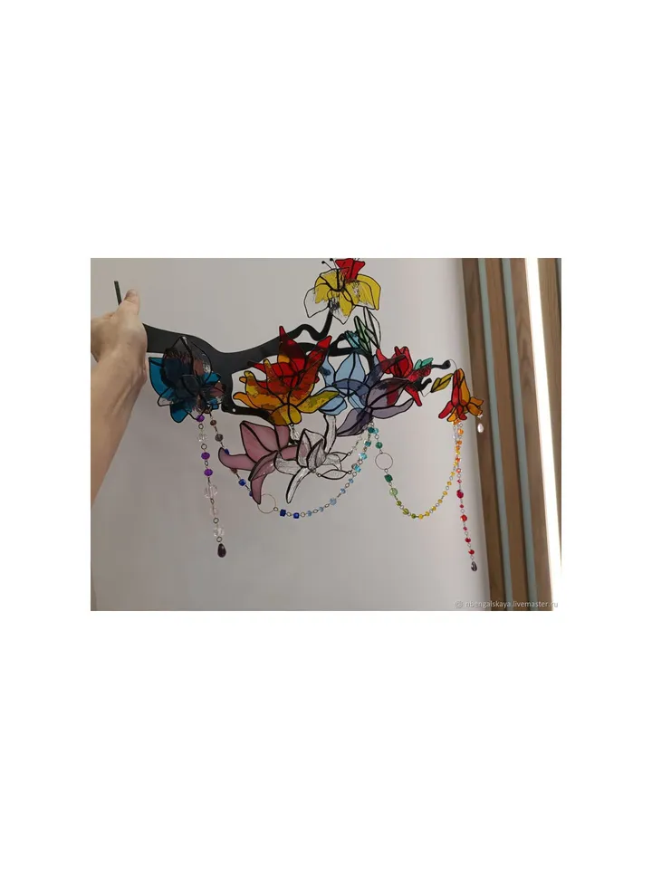 Large 3D Stained Glass Branch with Beaded Garlands, Large 3D Branch with Glass Bead Garlands, Large 3D Stained Glass Branch with Beaded Garlands, Artistic Glass Flower Stem with Beads, Fantasy-Inspired 3D Floral Glass Sculpture, Handcrafted Stained Glass