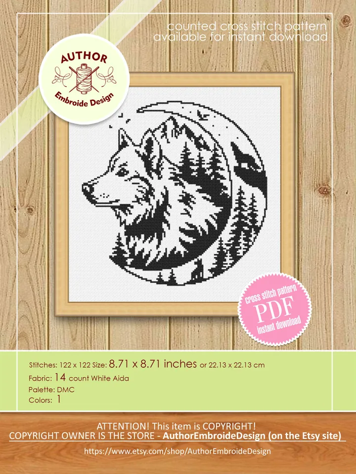Wolf moon cross stitch pattern PDF download Silhouette wolf cross stitch chart, Monochrome nature pattern digital PDF, Forest landscape #L77
