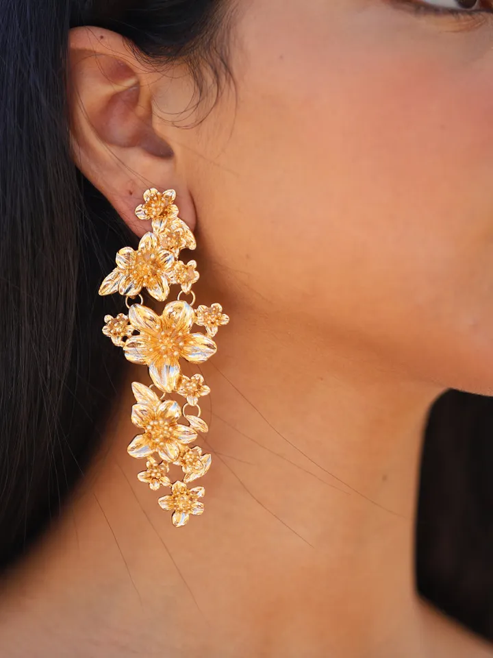 Extra Long Flower Wedding Earrings, Floral Bridal Earrings, Boho Wedding Earrings, Clip-on Bridal Earrings, Chandelier Statement Earrings