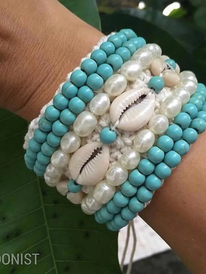 Wide shell crochet macrame handmade turqiose shell cowire tie bracelet, boho bohemian coachella hippie style crochet ble bracelet, macrame